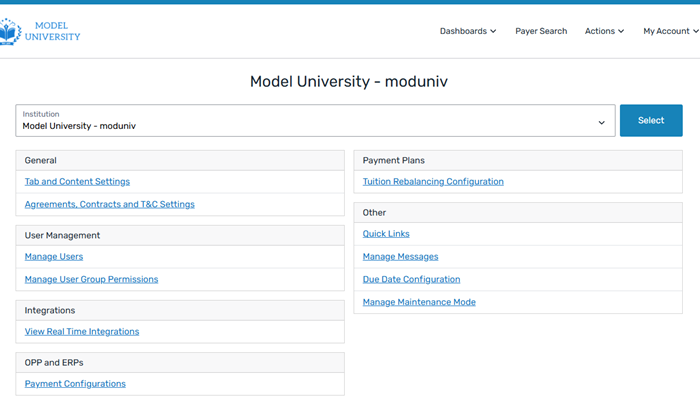 The Institutions screen is a list of all institutions in your SFS, the associated canonical, and a link to configure each insitution.